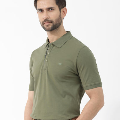 Rare Rabbit Mens Salis-2 Light Olive Cotton Fabric Collared Neck Zipper And Snap Button Closure Half Sleeves Polo T-Shirt