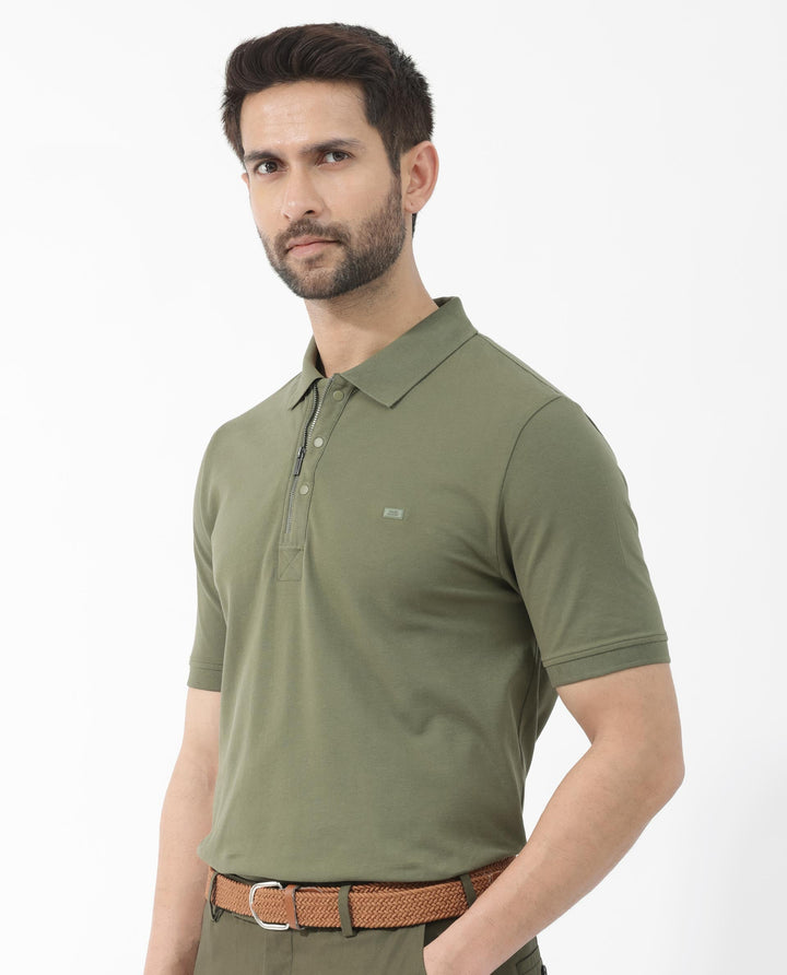 Rare Rabbit Mens Salis-2 Light Olive Cotton Fabric Collared Neck Zipper And Snap Button Closure Half Sleeves Polo T-Shirt