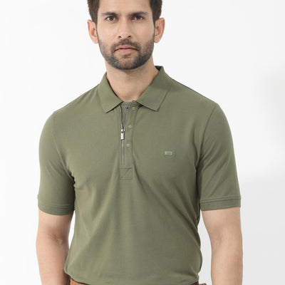 Rare Rabbit Mens Salis-2 Light Olive Cotton Fabric Collared Neck Zipper And Snap Button Closure Half Sleeves Polo T-Shirt