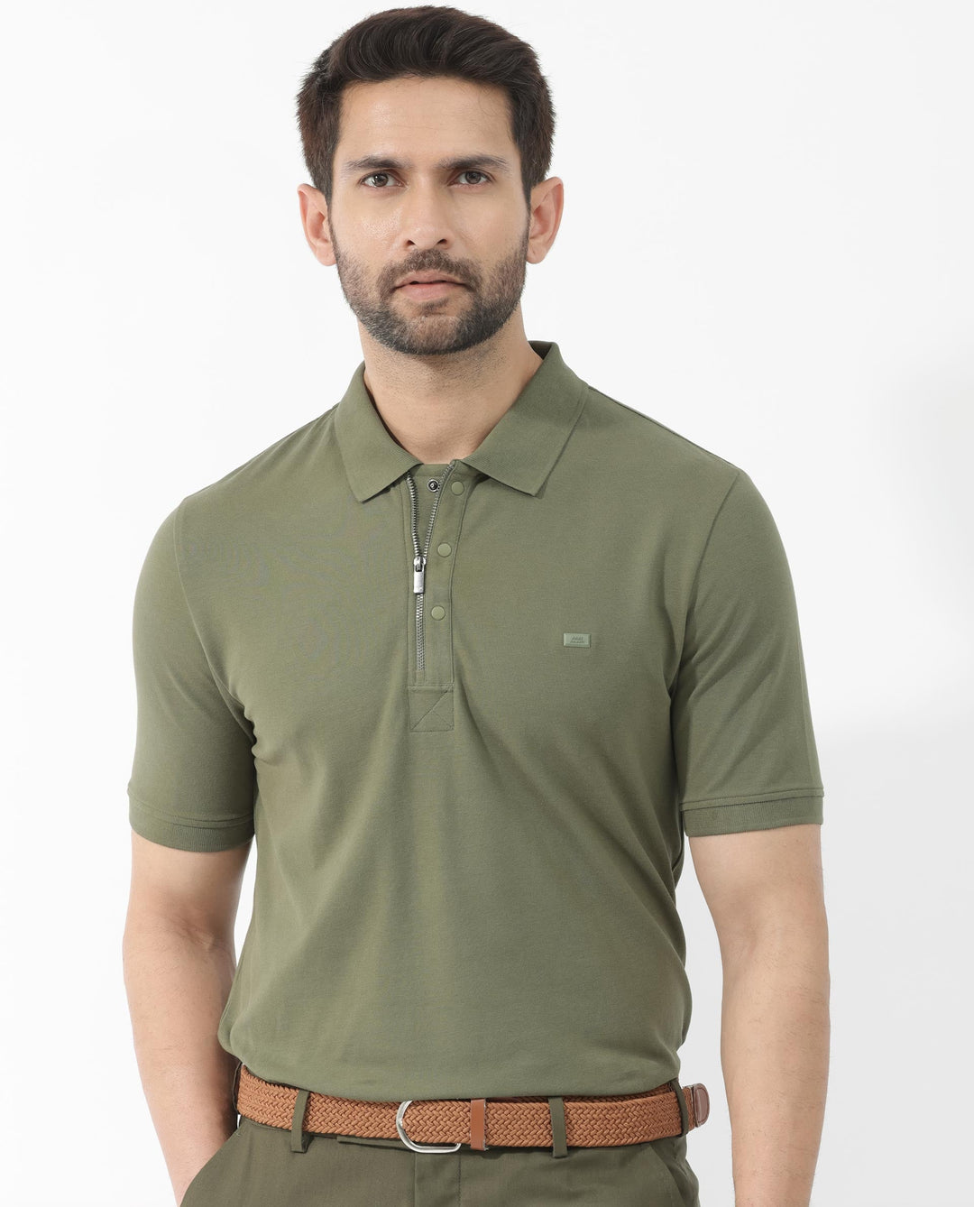 Rare Rabbit Mens Salis-2 Light Olive Cotton Fabric Collared Neck Zipper And Snap Button Closure Half Sleeves Polo T-Shirt