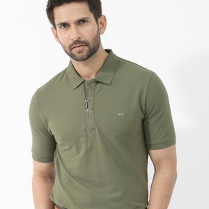 Rare Rabbit Mens Salis-2 Light Olive Cotton Fabric Collared Neck Zipper And Snap Button Closure Half Sleeves Polo T-Shirt