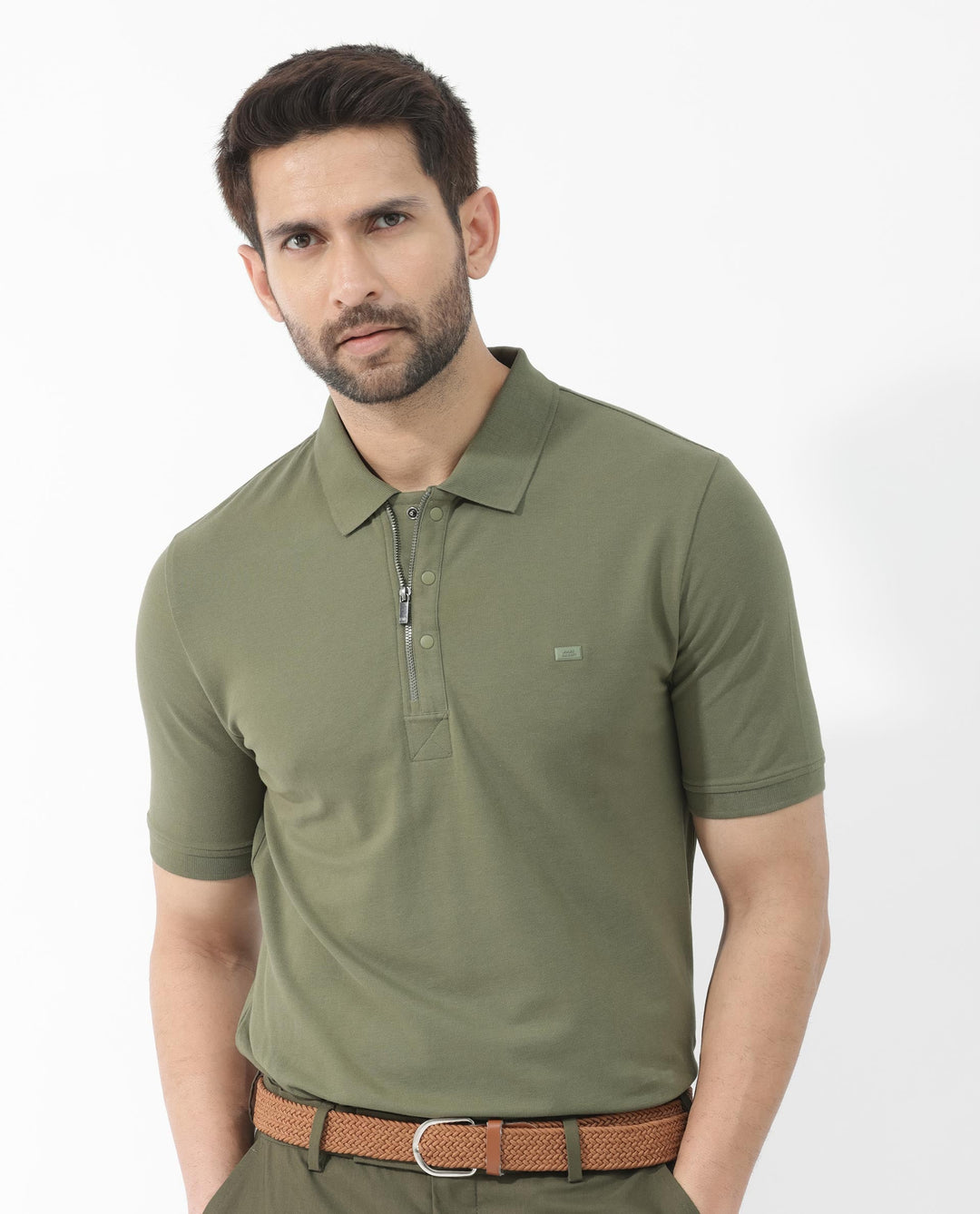 Rare Rabbit Mens Salis-2 Light Olive Cotton Fabric Collared Neck Zipper And Snap Button Closure Half Sleeves Polo T-Shirt