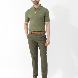 Rare Rabbit Mens Salis-2 Light Olive Cotton Fabric Collared Neck Zipper And Snap Button Closure Half Sleeves Polo T-Shirt