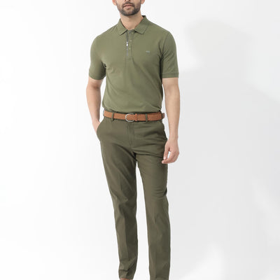 Rare Rabbit Mens Salis-2 Light Olive Cotton Fabric Collared Neck Zipper And Snap Button Closure Half Sleeves Polo T-Shirt