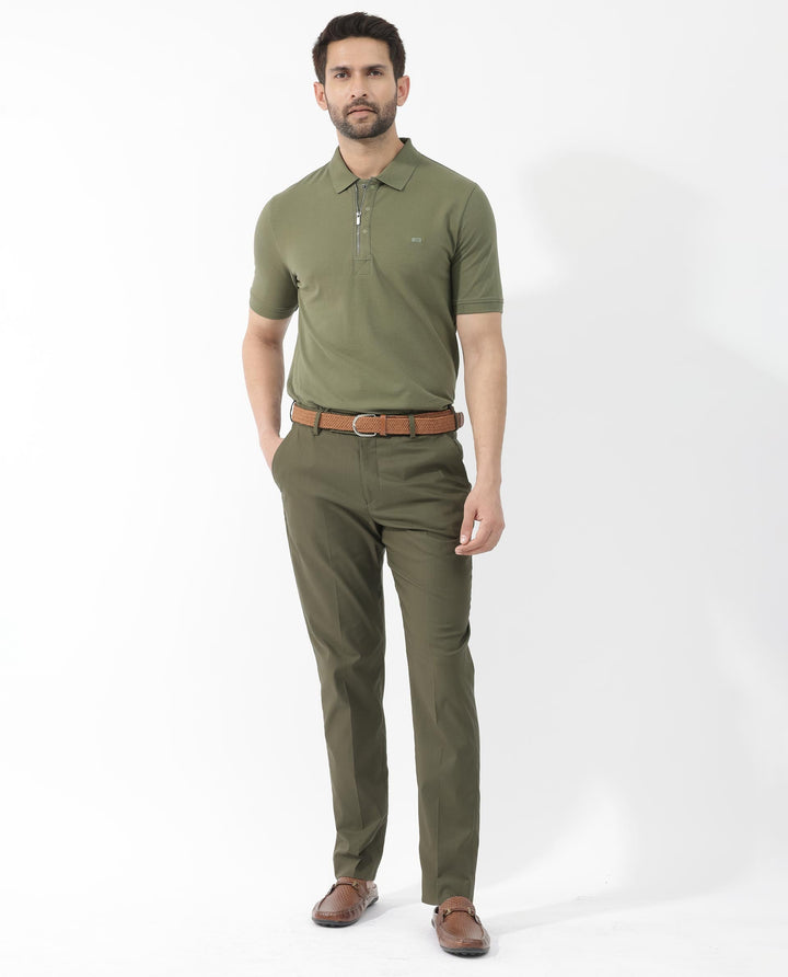 Rare Rabbit Mens Salis-2 Light Olive Cotton Fabric Collared Neck Zipper And Snap Button Closure Half Sleeves Polo T-Shirt