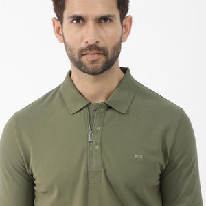 Rare Rabbit Mens Salis-2 Light Olive Cotton Fabric Collared Neck Zipper And Snap Button Closure Half Sleeves Polo T-Shirt
