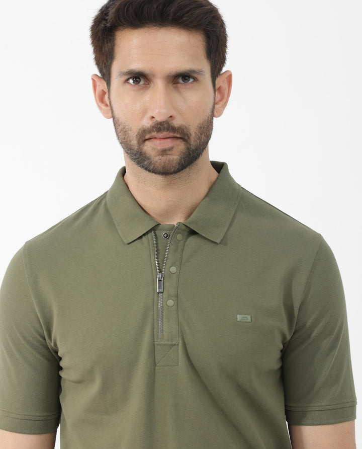 Rare Rabbit Mens Salis-2 Light Olive Cotton Fabric Collared Neck Zipper And Snap Button Closure Half Sleeves Polo T-Shirt