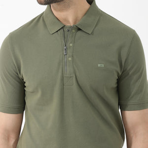 Rare Rabbit Mens Salis-2 Light Olive Cotton Fabric Collared Neck Zipper And Snap Button Closure Half Sleeves Polo T-Shirt