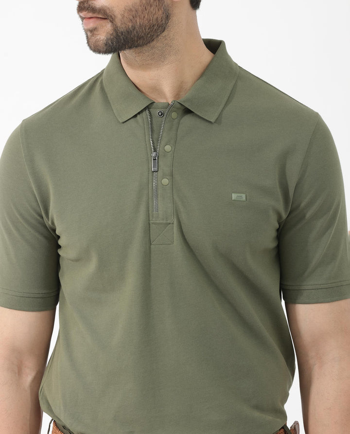 Rare Rabbit Mens Salis-2 Light Olive Cotton Fabric Collared Neck Zipper And Snap Button Closure Half Sleeves Polo T-Shirt