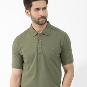 Rare Rabbit Mens Salis-2 Light Olive Cotton Fabric Collared Neck Zipper And Snap Button Closure Half Sleeves Polo T-Shirt