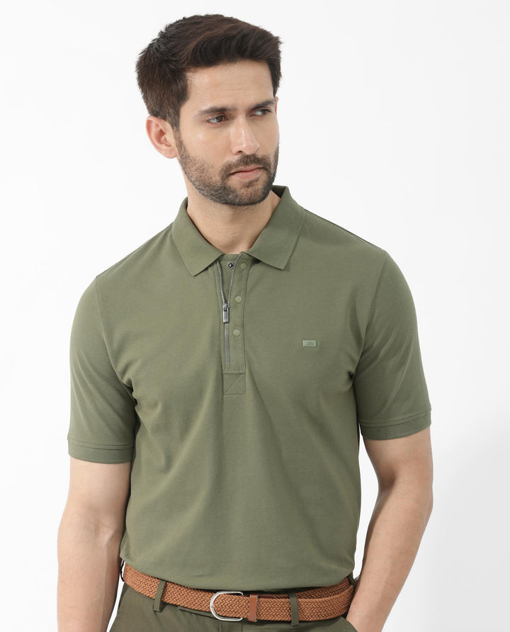 Rare Rabbit Mens Salis-2 Light Olive Cotton Fabric Collared Neck Zipper And Snap Button Closure Half Sleeves Polo T-Shirt