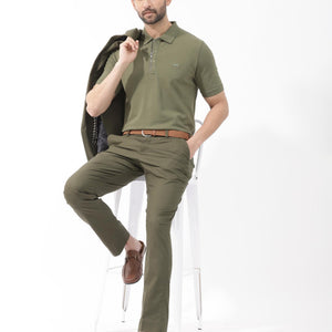 Rare Rabbit Mens Salis-2 Light Olive Cotton Fabric Collared Neck Zipper And Snap Button Closure Half Sleeves Polo T-Shirt