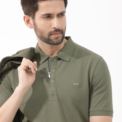 Rare Rabbit Mens Salis-2 Light Olive Cotton Fabric Collared Neck Zipper And Snap Button Closure Half Sleeves Polo T-Shirt