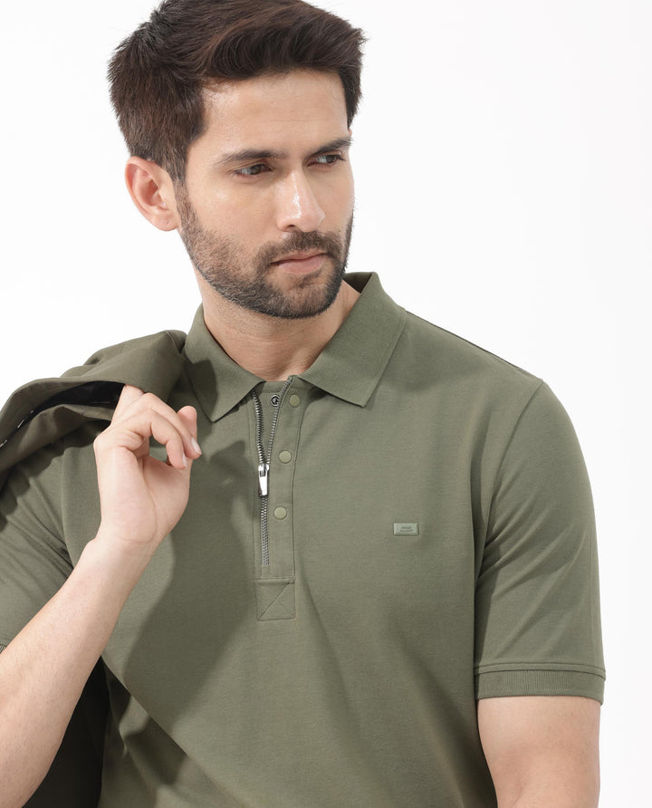 Rare Rabbit Mens Salis-2 Light Olive Cotton Fabric Collared Neck Zipper And Snap Button Closure Half Sleeves Polo T-Shirt