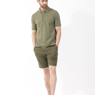 Rare Rabbit Mens Salis-2 Light Olive Cotton Fabric Collared Neck Zipper And Snap Button Closure Half Sleeves Polo T-Shirt