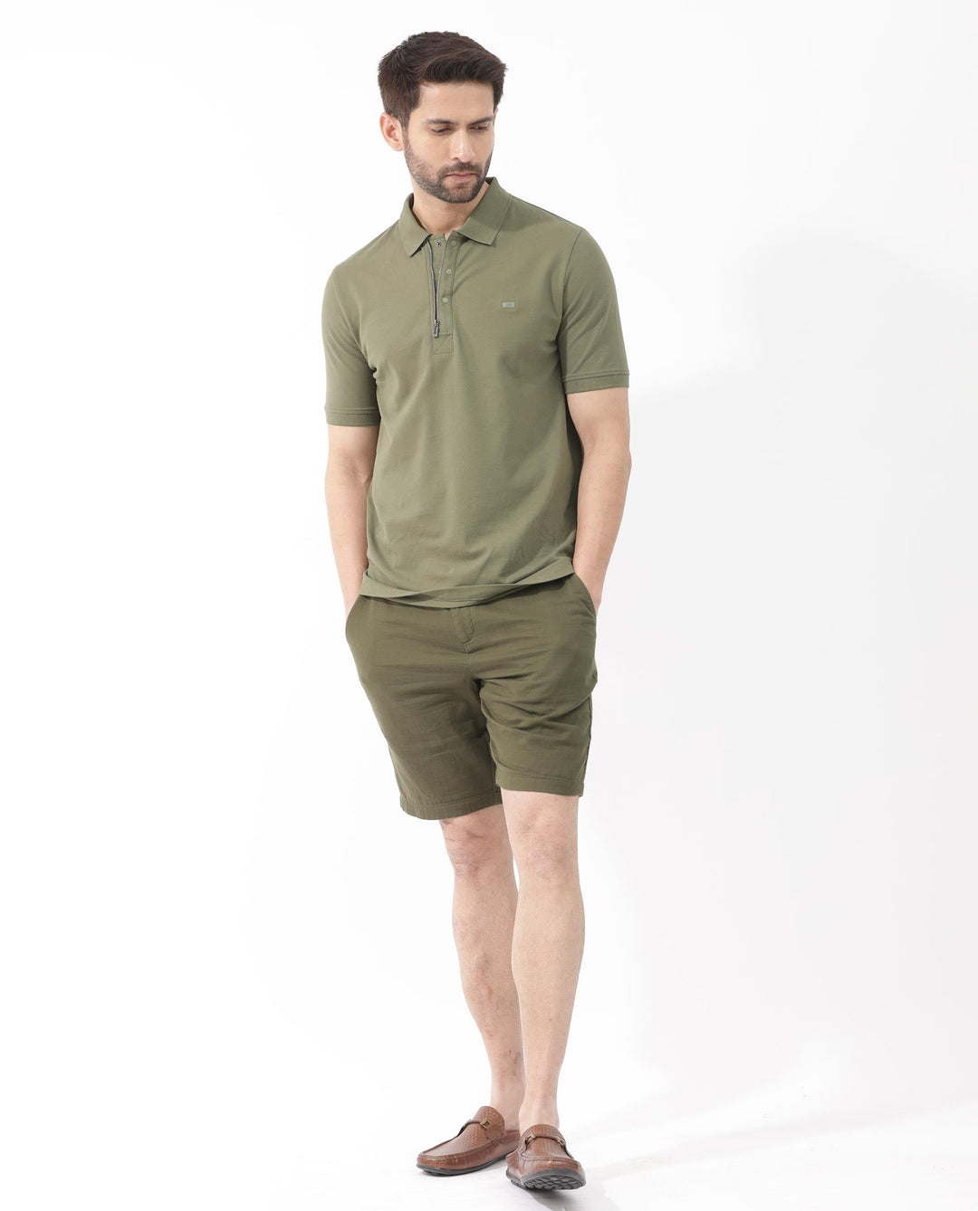 Rare Rabbit Mens Salis-2 Light Olive Cotton Fabric Collared Neck Zipper And Snap Button Closure Half Sleeves Polo T-Shirt