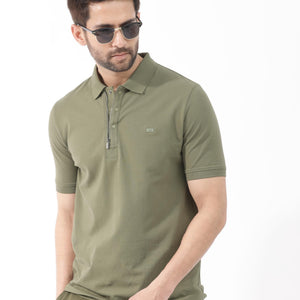 Rare Rabbit Mens Salis-2 Light Olive Cotton Fabric Collared Neck Zipper And Snap Button Closure Half Sleeves Polo T-Shirt
