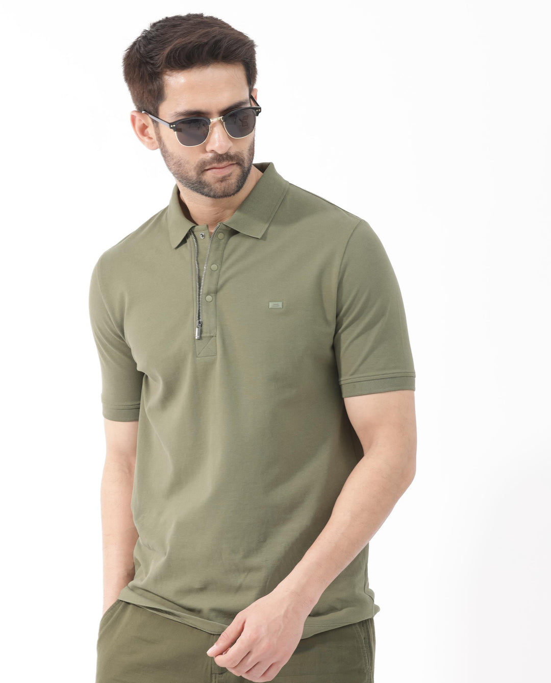 Rare Rabbit Mens Salis-2 Light Olive Cotton Fabric Collared Neck Zipper And Snap Button Closure Half Sleeves Polo T-Shirt