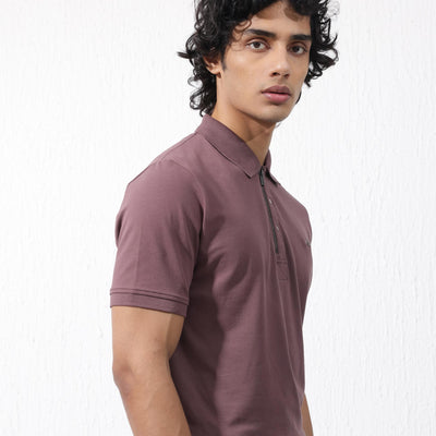 Rare Rabbit Mens Salis-2 Maroon Cotton Fabric Collared Neck Zipper And Snap Button Closure Half Sleeves Polo T-Shirt