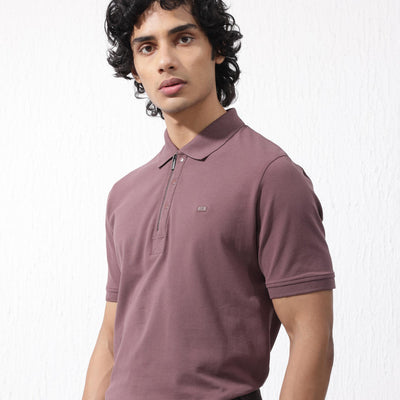 Rare Rabbit Mens Salis-2 Maroon Cotton Fabric Collared Neck Zipper And Snap Button Closure Half Sleeves Polo T-Shirt