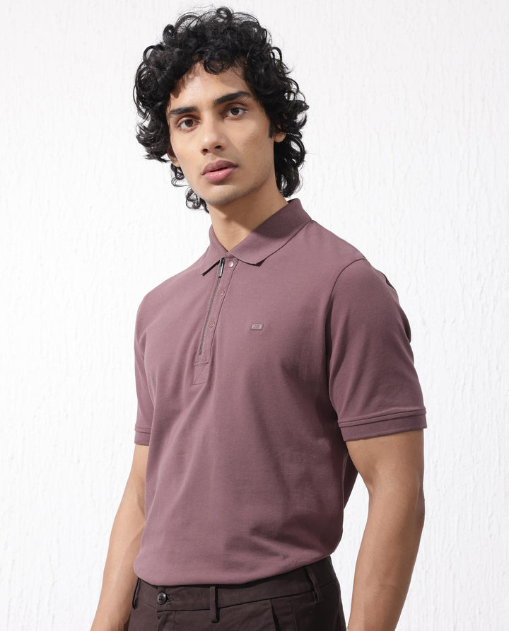 Rare Rabbit Mens Salis-2 Maroon Cotton Fabric Collared Neck Zipper And Snap Button Closure Half Sleeves Polo T-Shirt