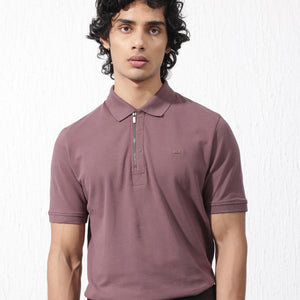 Rare Rabbit Mens Salis-2 Maroon Cotton Fabric Collared Neck Zipper And Snap Button Closure Half Sleeves Polo T-Shirt