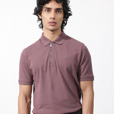 Rare Rabbit Mens Salis-2 Maroon Cotton Fabric Collared Neck Zipper And Snap Button Closure Half Sleeves Polo T-Shirt