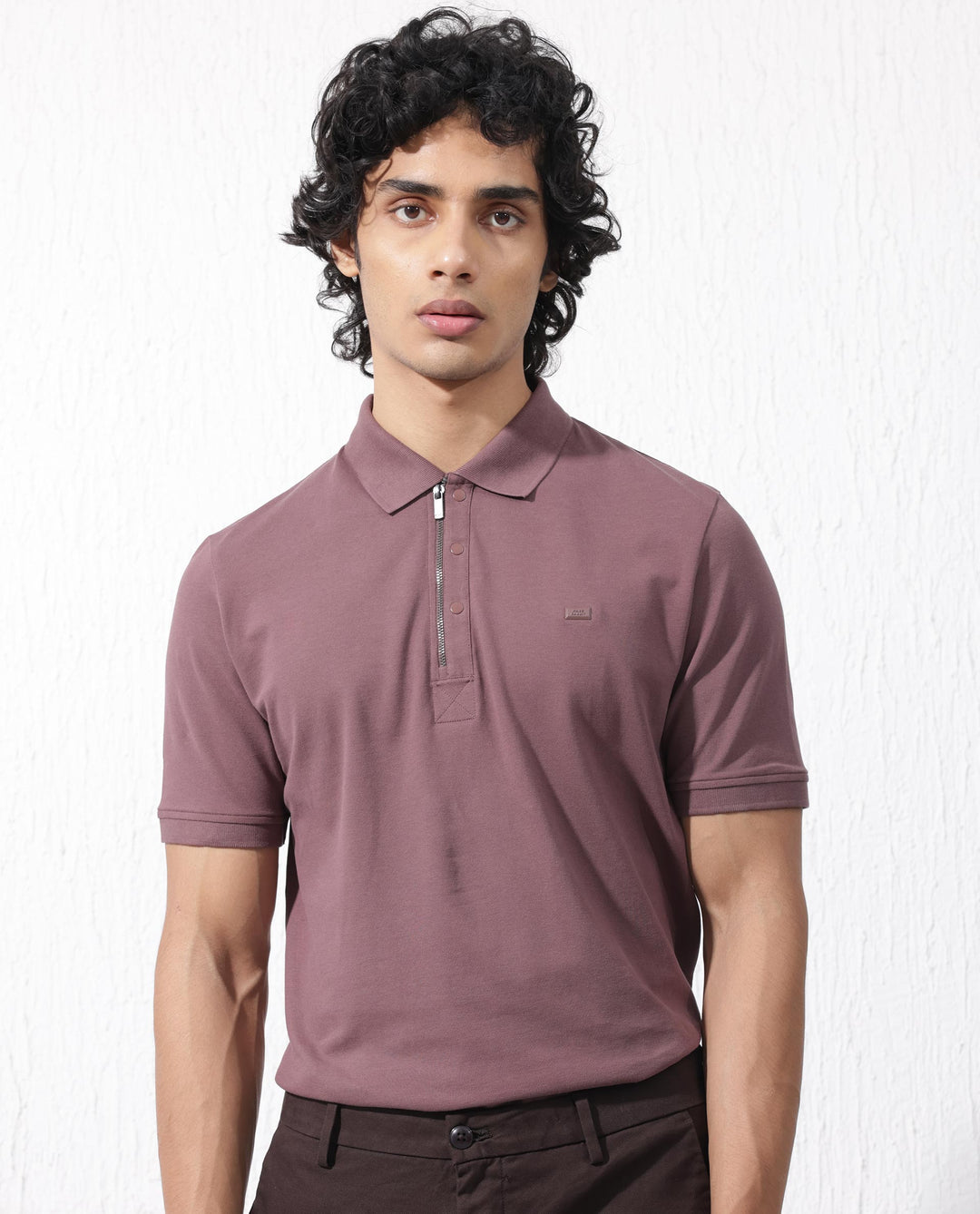 Rare Rabbit Mens Salis-2 Maroon Cotton Fabric Collared Neck Zipper And Snap Button Closure Half Sleeves Polo T-Shirt