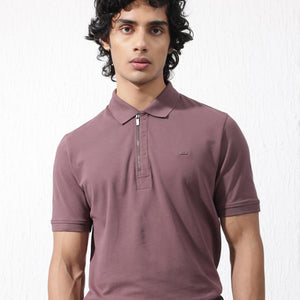 Rare Rabbit Mens Salis-2 Maroon Cotton Fabric Collared Neck Zipper And Snap Button Closure Half Sleeves Polo T-Shirt