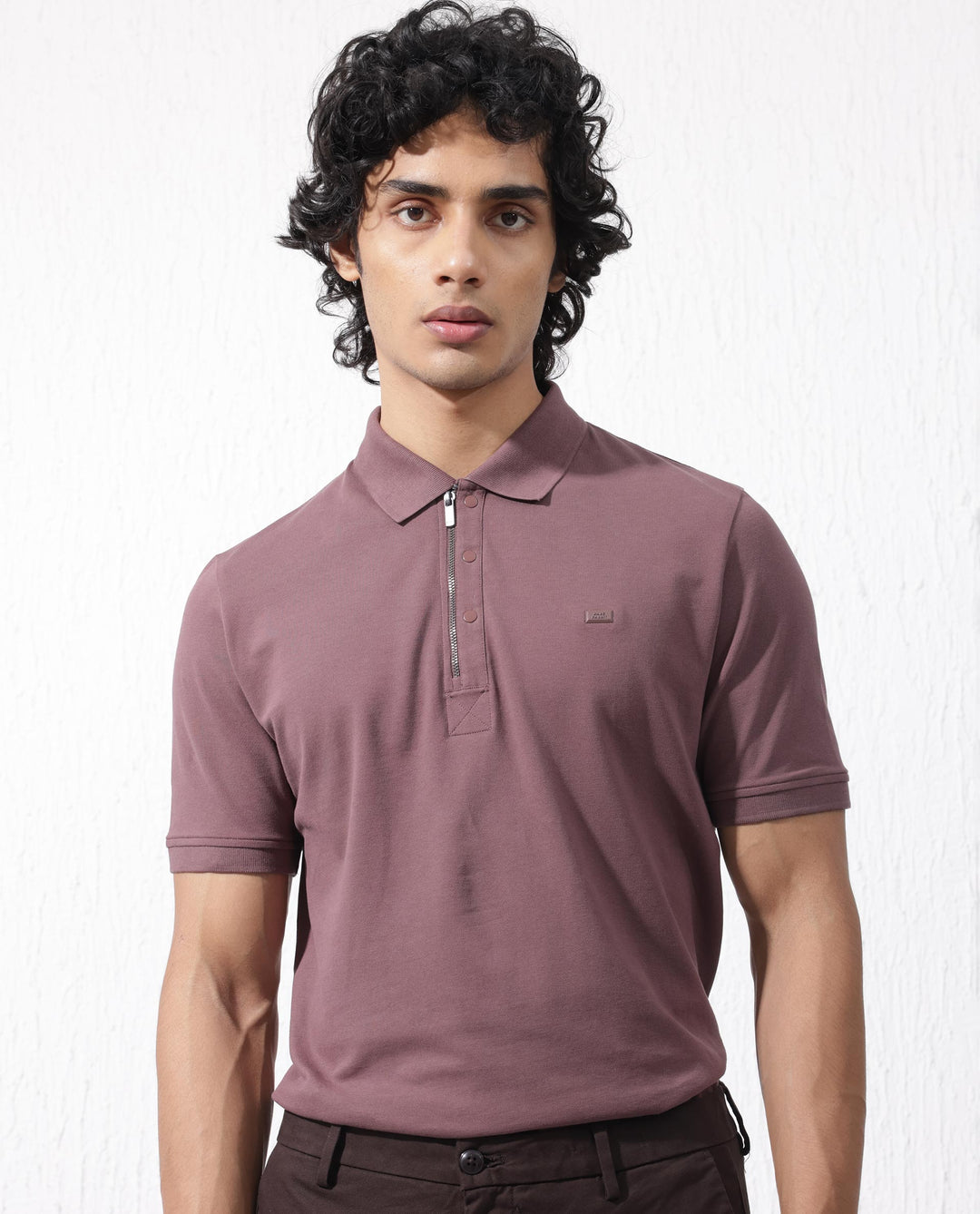 Rare Rabbit Mens Salis-2 Maroon Cotton Fabric Collared Neck Zipper And Snap Button Closure Half Sleeves Polo T-Shirt