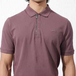 Rare Rabbit Mens Salis-2 Maroon Cotton Fabric Collared Neck Zipper And Snap Button Closure Half Sleeves Polo T-Shirt
