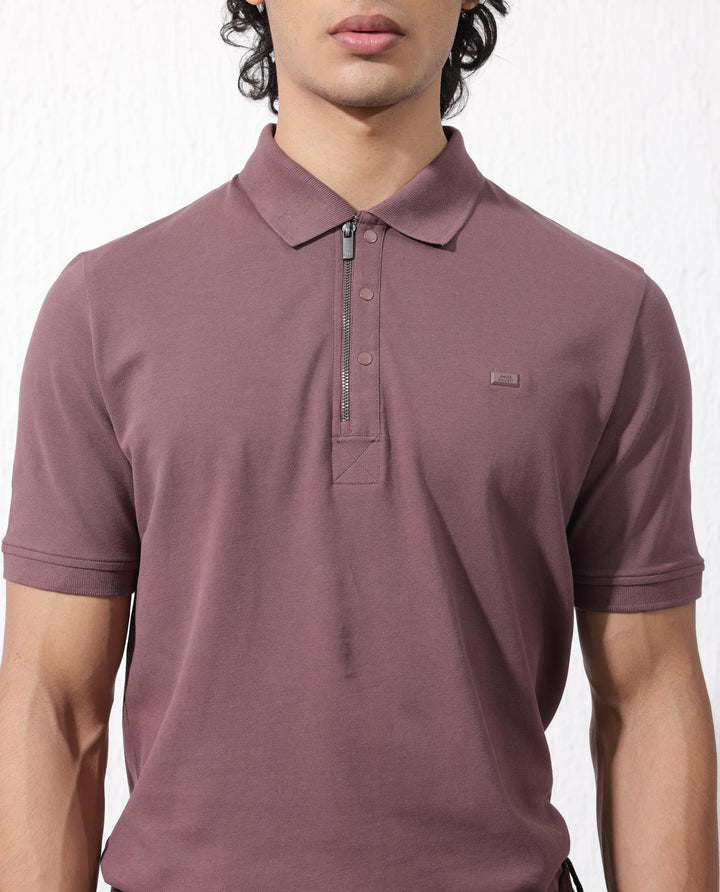 Rare Rabbit Mens Salis-2 Maroon Cotton Fabric Collared Neck Zipper And Snap Button Closure Half Sleeves Polo T-Shirt