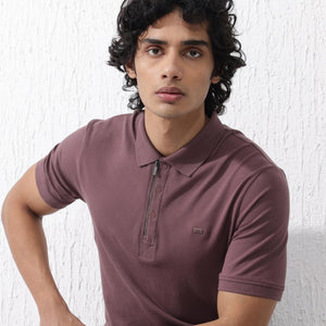 Rare Rabbit Mens Salis-2 Maroon Cotton Fabric Collared Neck Zipper And Snap Button Closure Half Sleeves Polo T-Shirt
