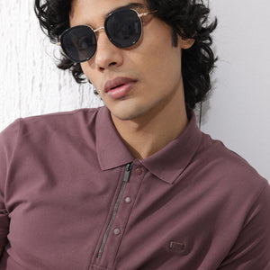 Rare Rabbit Mens Salis-2 Maroon Cotton Fabric Collared Neck Zipper And Snap Button Closure Half Sleeves Polo T-Shirt