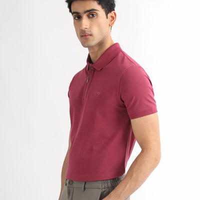Rare Rabbit Men's Saliso Pink Cotton Fabric Collared Neck Zipper and Snap Button Closure Half Sleeve Polo T-Shirt