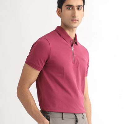 Rare Rabbit Men's Saliso Pink Cotton Fabric Collared Neck Zipper and Snap Button Closure Half Sleeve Polo T-Shirt