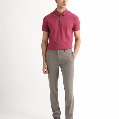 Rare Rabbit Men's Saliso Pink Cotton Fabric Collared Neck Zipper and Snap Button Closure Half Sleeve Polo T-Shirt