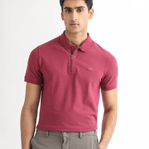 Rare Rabbit Men's Saliso Pink Cotton Fabric Collared Neck Zipper and Snap Button Closure Half Sleeve Polo T-Shirt