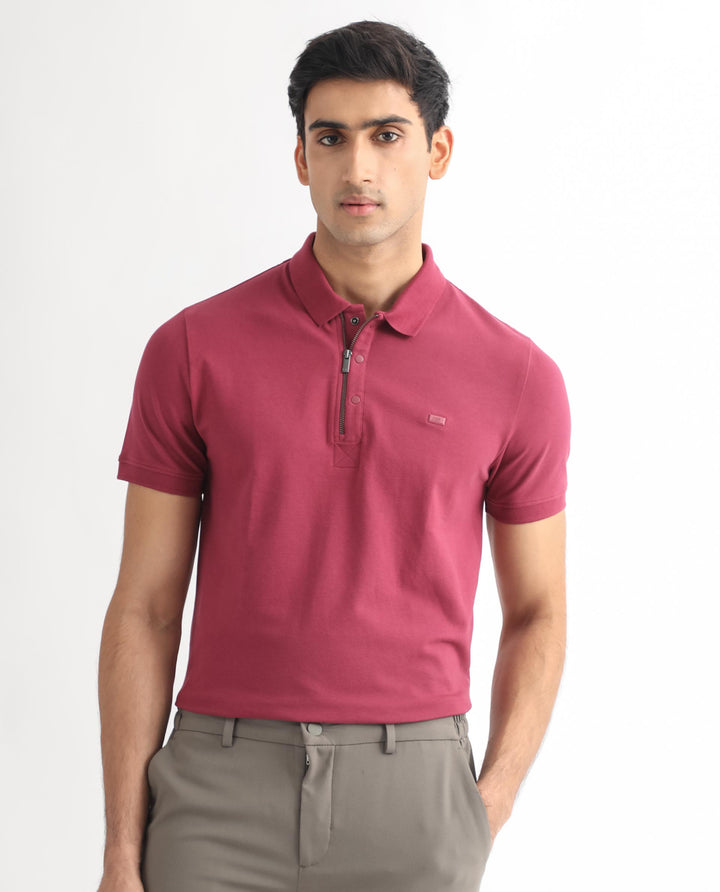 Rare Rabbit Men's Saliso Pink Cotton Fabric Collared Neck Zipper and Snap Button Closure Half Sleeve Polo T-Shirt