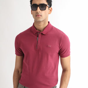 Rare Rabbit Men's Saliso Pink Cotton Fabric Collared Neck Zipper and Snap Button Closure Half Sleeve Polo T-Shirt