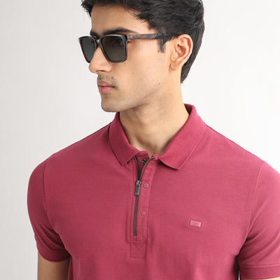 Rare Rabbit Men's Saliso Pink Cotton Fabric Collared Neck Zipper and Snap Button Closure Half Sleeve Polo T-Shirt