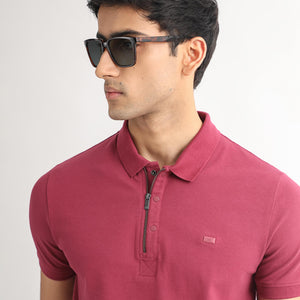 Rare Rabbit Men's Saliso Pink Cotton Fabric Collared Neck Zipper and Snap Button Closure Half Sleeve Polo T-Shirt