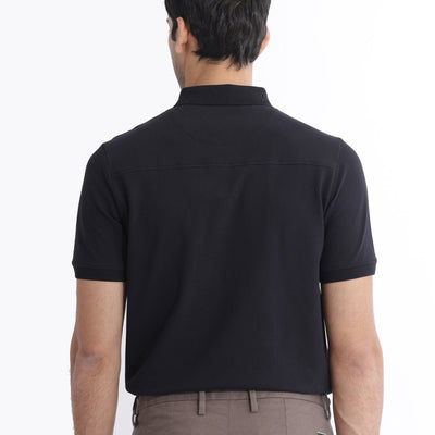 Rare Rabbit Men Salis-2 Black Cotton Fabric Collared Neck Zipper And Snap Button Closure Half Sleeves Polo T-Shirt