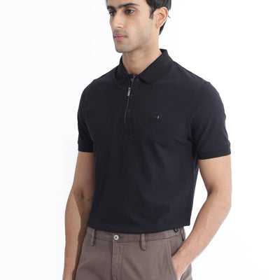 Rare Rabbit Men Salis-2 Black Cotton Fabric Collared Neck Zipper And Snap Button Closure Half Sleeves Polo T-Shirt