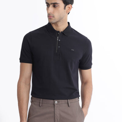 Rare Rabbit Men Salis-2 Black Cotton Fabric Collared Neck Zipper And Snap Button Closure Half Sleeves Polo T-Shirt