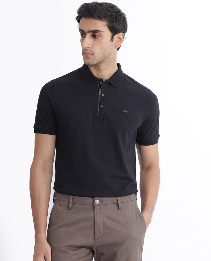 Rare Rabbit Men Salis-2 Black Cotton Fabric Collared Neck Zipper And Snap Button Closure Half Sleeves Polo T-Shirt