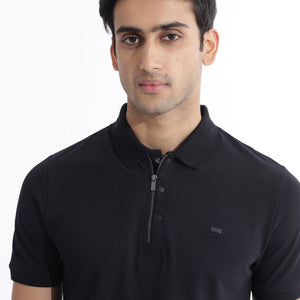 Rare Rabbit Men Salis-2 Black Cotton Fabric Collared Neck Zipper And Snap Button Closure Half Sleeves Polo T-Shirt