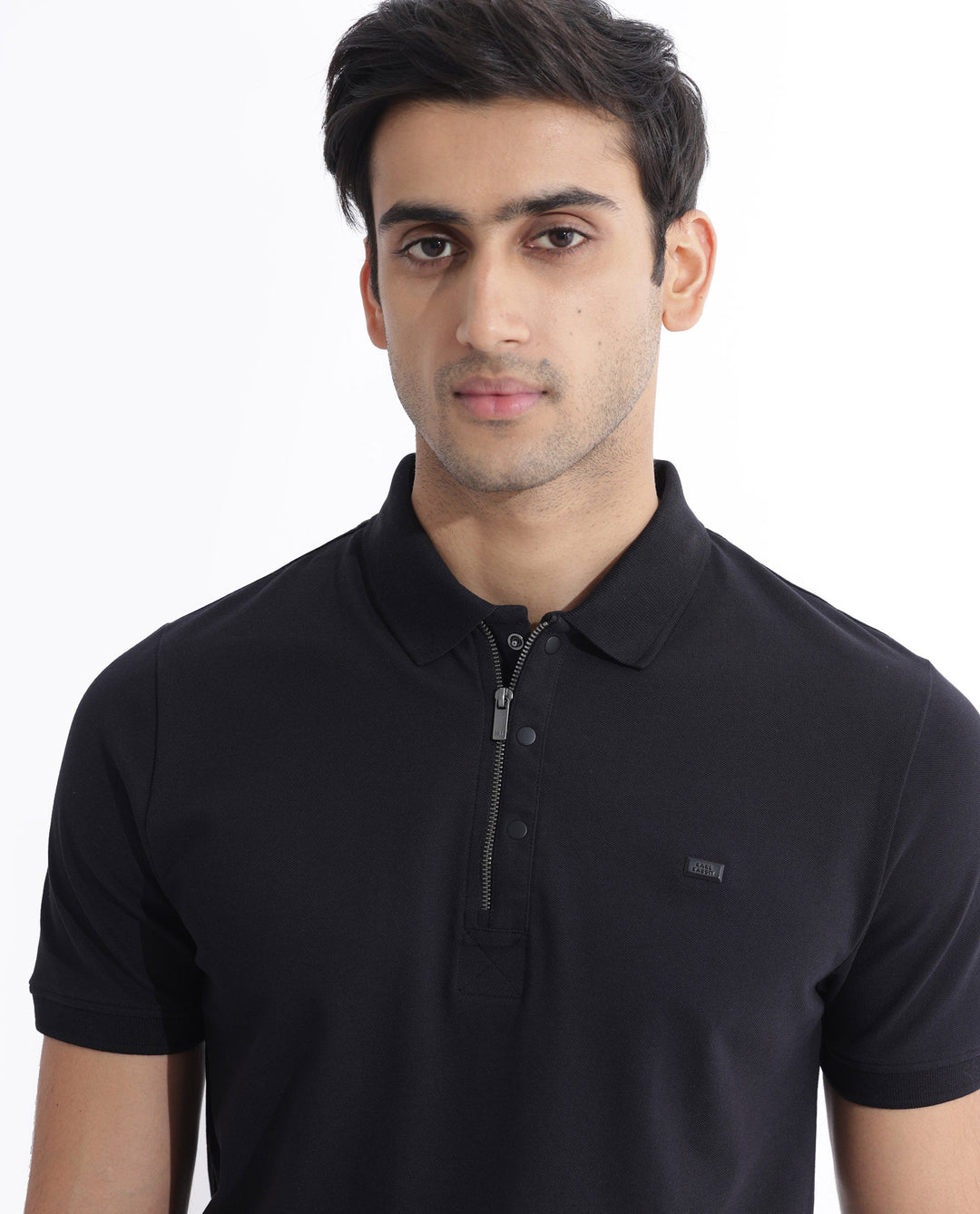 Rare Rabbit Men Salis-2 Black Cotton Fabric Collared Neck Zipper And Snap Button Closure Half Sleeves Polo T-Shirt