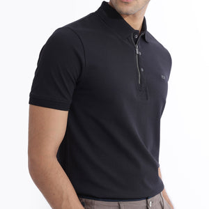 Rare Rabbit Men Salis-2 Black Cotton Fabric Collared Neck Zipper And Snap Button Closure Half Sleeves Polo T-Shirt