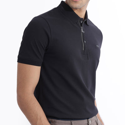 Rare Rabbit Men Salis-2 Black Cotton Fabric Collared Neck Zipper And Snap Button Closure Half Sleeves Polo T-Shirt